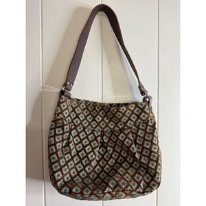 Midi‎ Queen Shoulder Bag Women's Brown Blue Diamond Pattern Magnetic Closure
